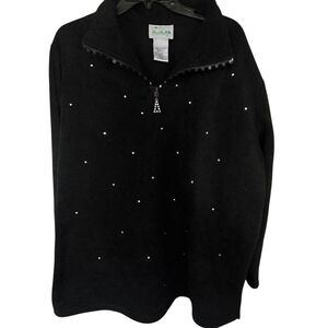 Quacker Factory Black Fleece 3/4 Zip Gemstone Pullover Top Size 1X